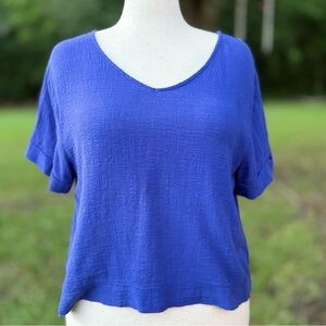 ZENANA DARK BLUE CUFFED SHORT SLEEVE COTTON CROPPED LINEN LOOK TOP MEDIUM